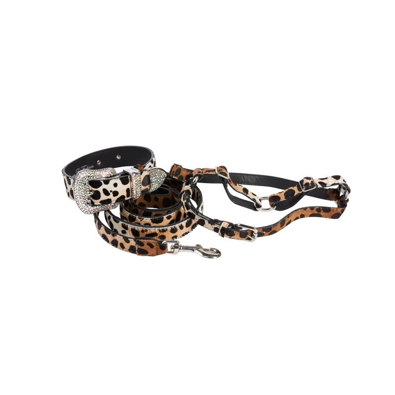 Snow Leopard Print Hair On Hide Italian Leather Swarovski Crystal Collar, Leash, Harness Set