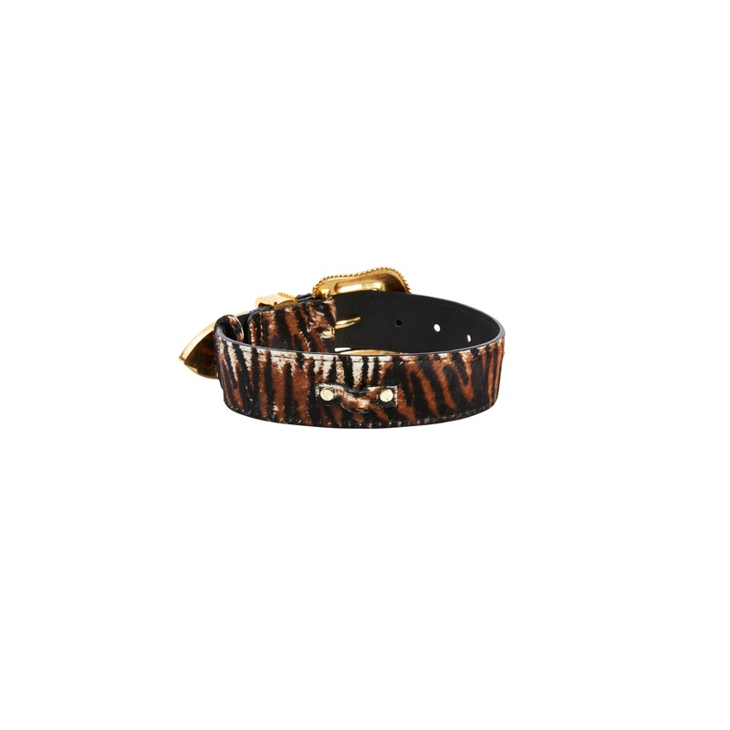 Tiger Print Hair On Hide Collar With Swarovski Crystal Hardware