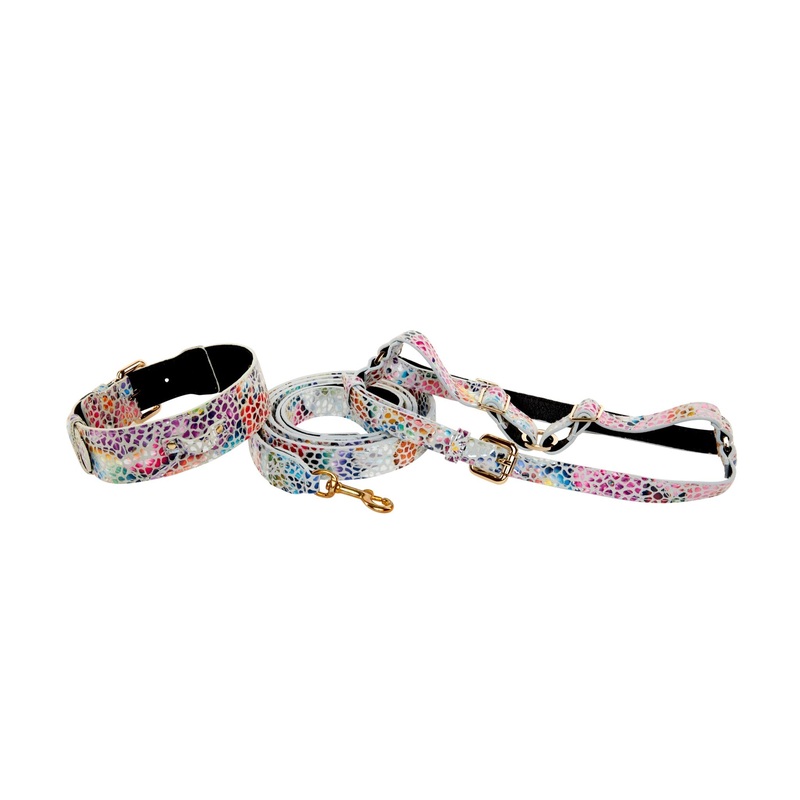 White Floral Mosaic Italian Leather Collar, Leash, Harness Set With Gold Classic Hardware