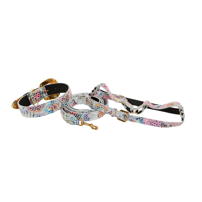 White Floral Mosaic Italian Leather Collar, Leash, Harness Set with Orante Swarovski Crystal Hardware