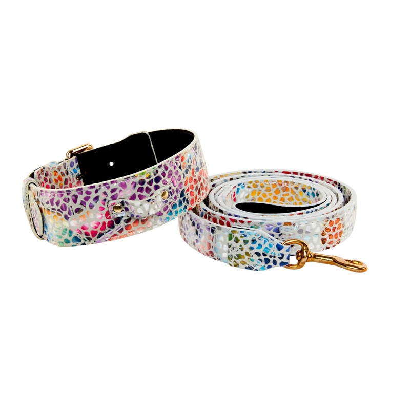 White Floral Mosaic Italian Leather Collar & Leash Set With Gold Classic Hardware