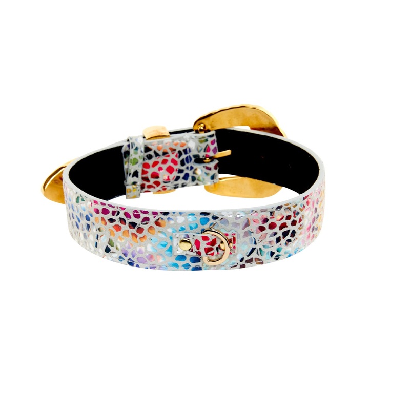 White Floral Mosaic Italian Leather Collar with Orante Swarovski Crystal Hardware