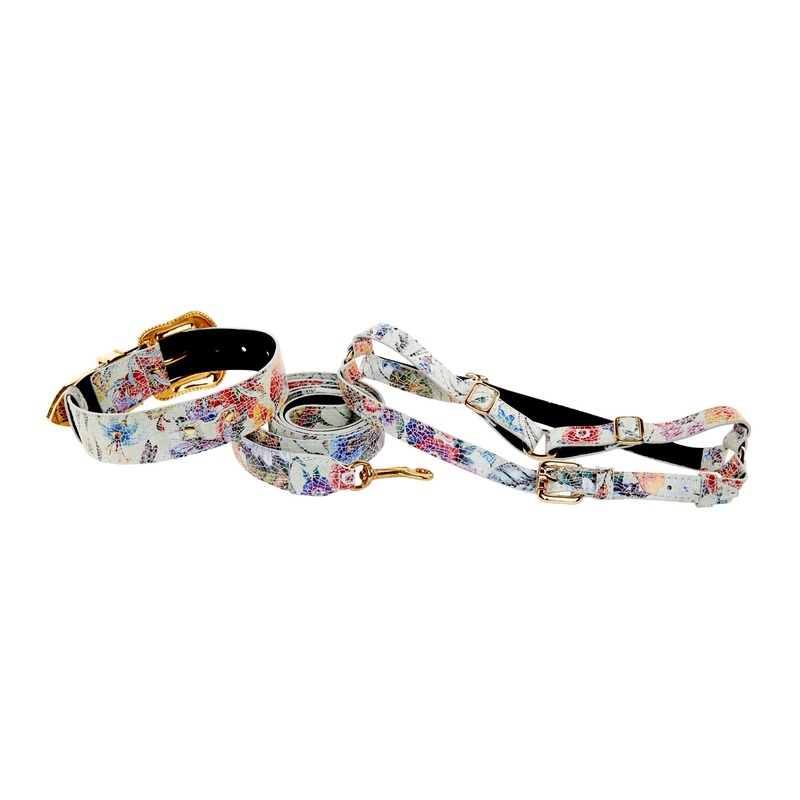 White Floral Mosaic Italian Leather/Swarovski Crystal Collar, Leash, Harness Set