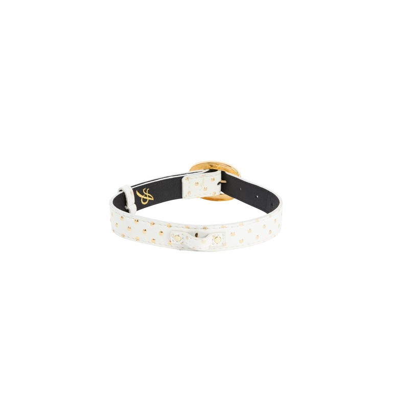 White & Gold Polka Dot Italian Leather Collar With Orante Italian Hardware