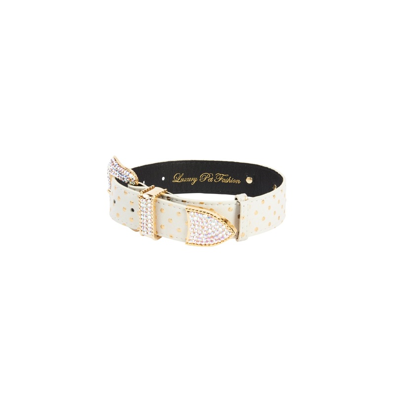XL White and Gold Polka Dot Italian Leather/Swarovski Crystal Hardware Collar