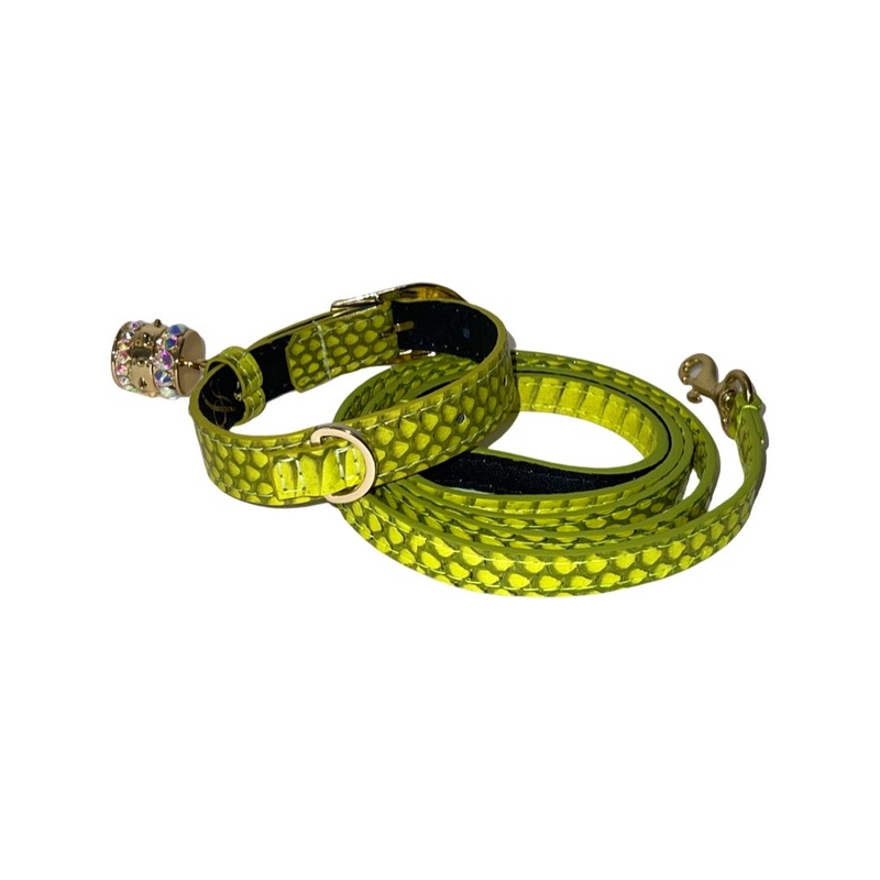 XS 7-14 Light Neon Green Custom Snake Collar/Custom Gold Italian Hardware & Leash Set. Including Swarovski Crystal Charm