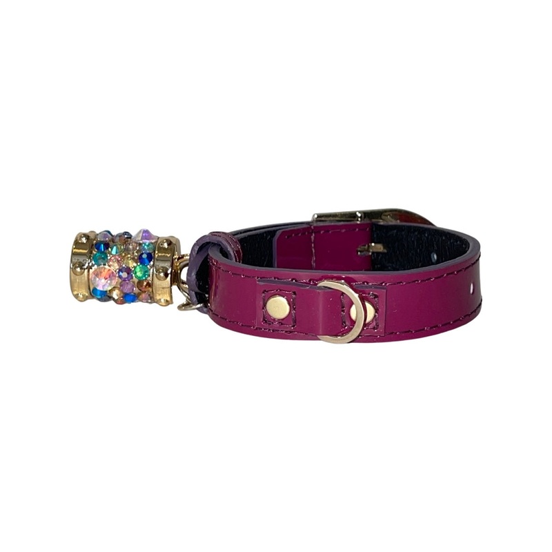 XS 7-14 Purple Patent Italian Leather Collar/Custom Gold Italian Hardware With Swarovski Crystal Charm