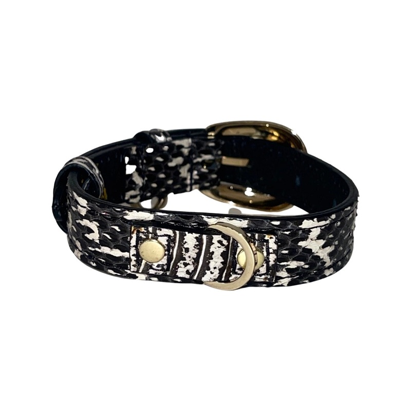 XS Black & White Snake 7-14 Collar/Custom Gold Oval Italian