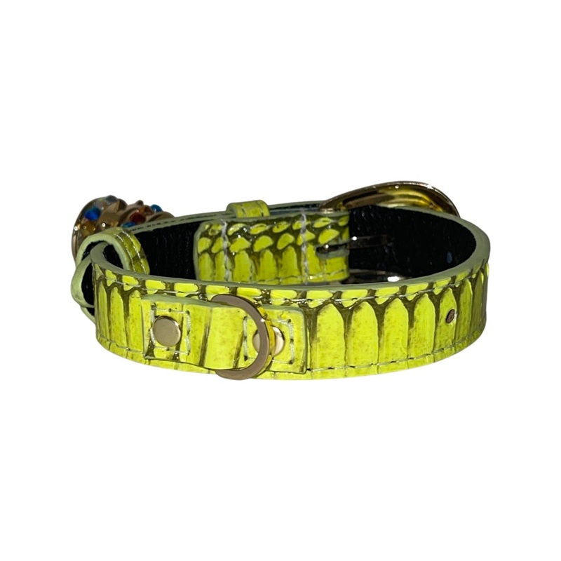 XS/S 7-14 Light Neon Green Custom Snake Collar/Custom Gold Oval Italian Hardware & Swarovski Crystal Charm