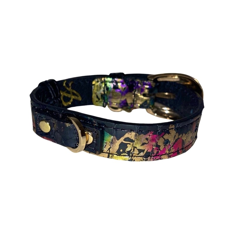 XS/S 7-14 Multi-Color Art Deco Custom Snake Collar/Custom Gold Oval Italian Hardware & Swarovski Crystal Heart Charm
