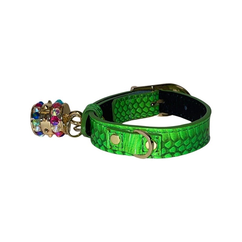 XS/S 7-14 Neon Green Custom Snake Collar/Custom Gold Italian Hardware & Swarovski Crystal Charm