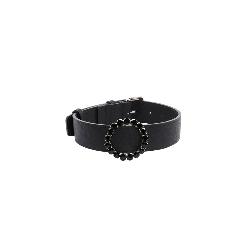 Black Italian Leather Collar With Authentic Crystal Ring/Reversible Classic Collar