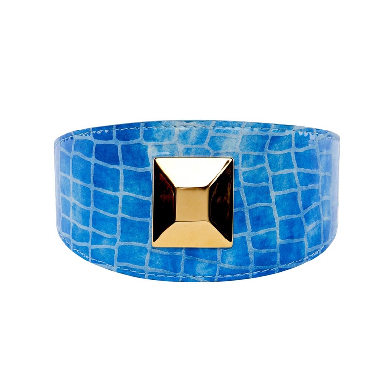 Blue Patent Embossed Croc Italian Leather Collar With Large Gold Custom Rivet