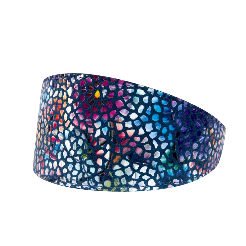 Dark Midnight Blue Floral Mosaic Italian Leather 3 Wide Style Collar
