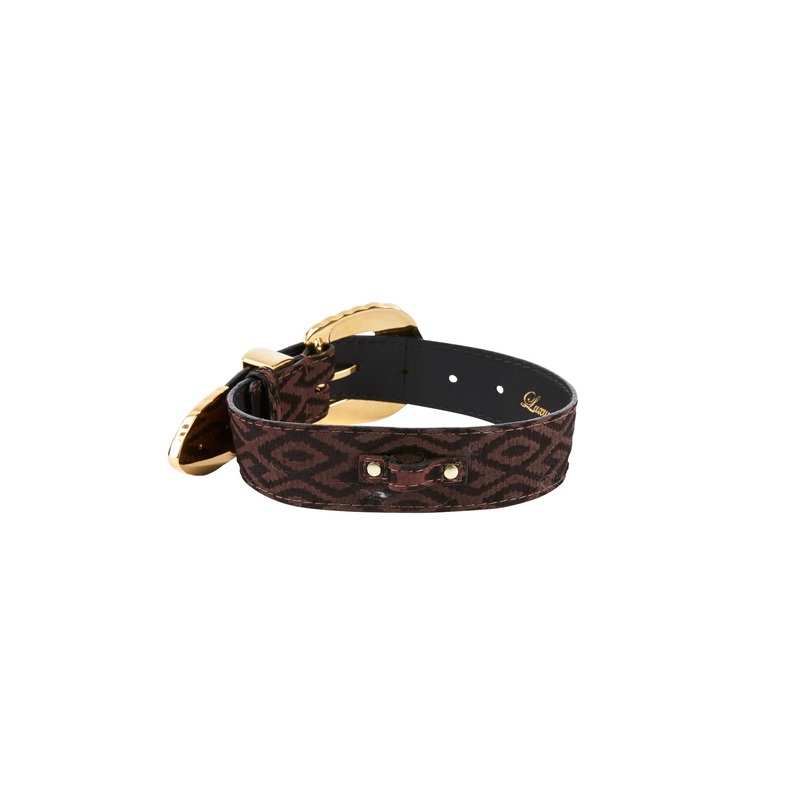 Elegant Black & Brown Pattern Italian Leather Collar With Ornate Italian Swarovski Crystal Hardware