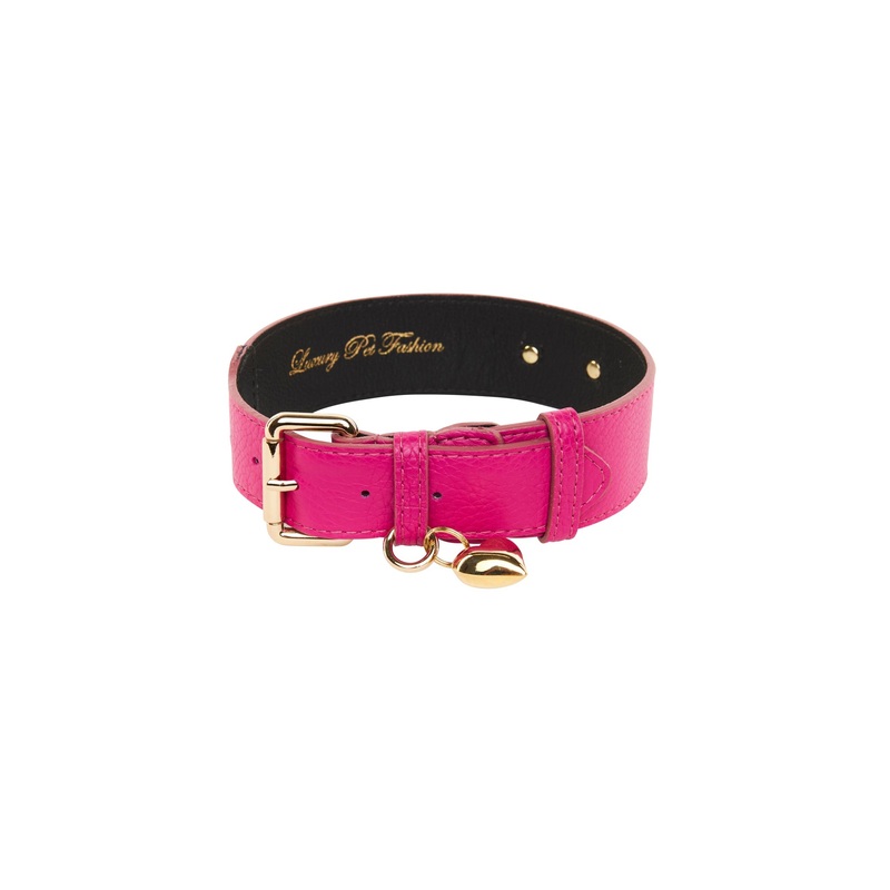 Fuchsia Pink Italian Leather Classic Collar With Puffy Heart Charm