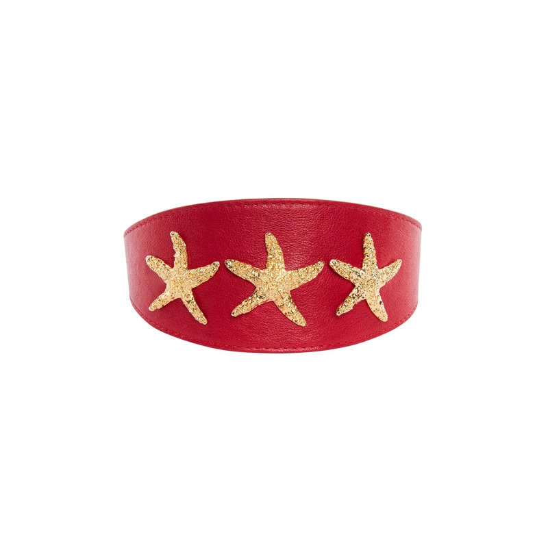 Gorgeous Red Italian Leather 3 Wide Style Collar With Custom Gold Starfish