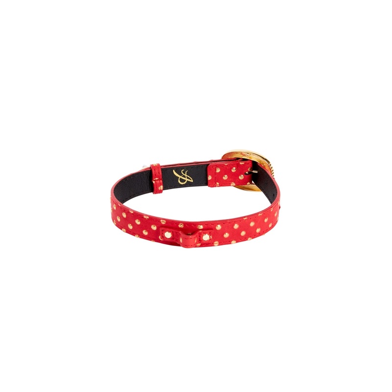 Red & Gold Polka Dot Italian Leather Collar With Italian/Swarovski Hardware & Heart Charm
