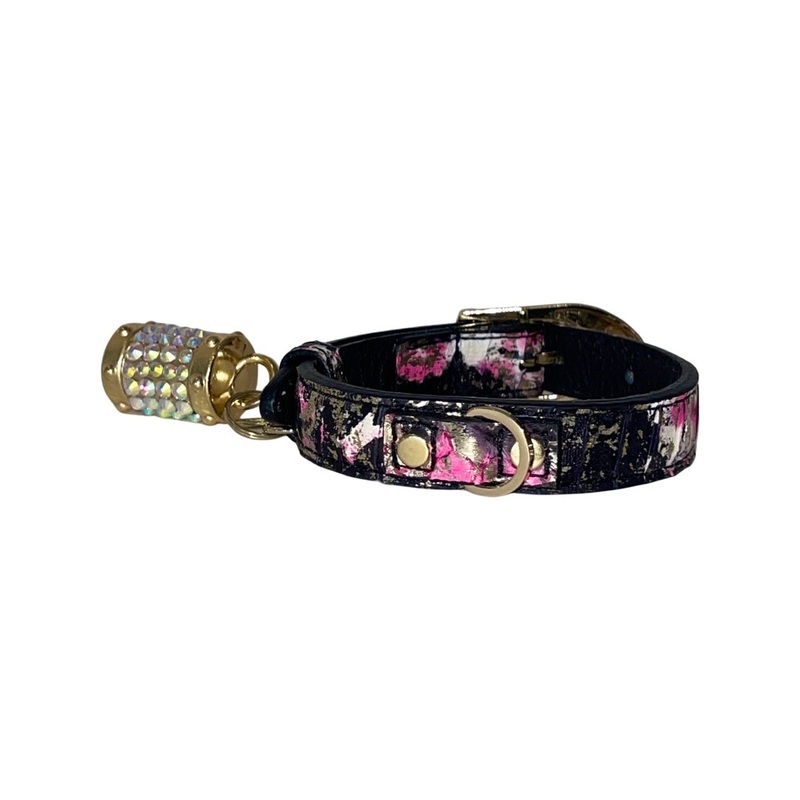 XS 7-14 Black/Pink/Gold Custom Snake Collar/Custom Gold Italian Hardware. Including Swarovski Charm, and Pearl