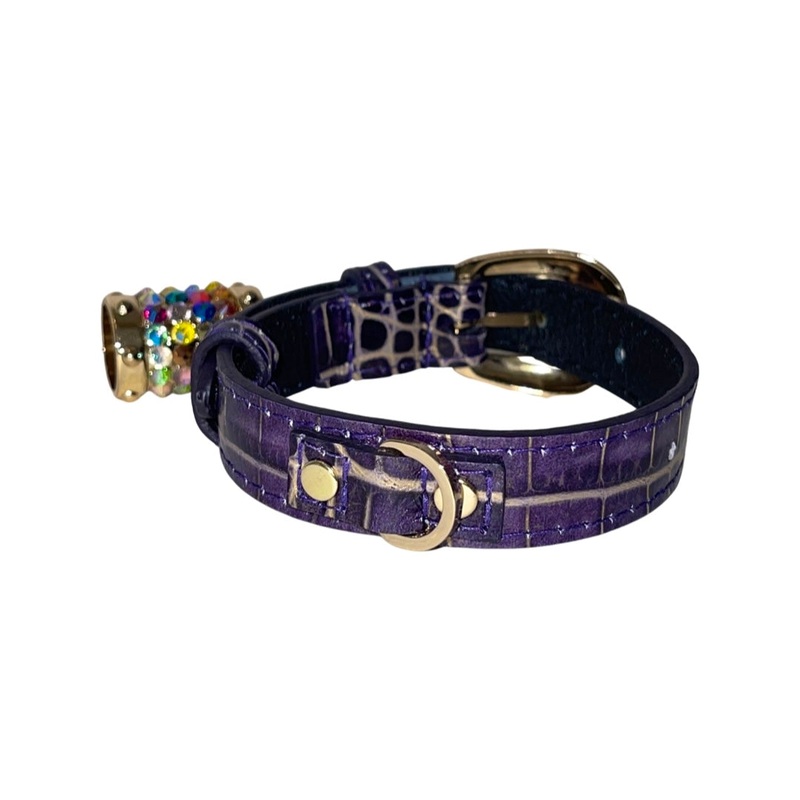 XS 7-14 Purple/Gold Embossed Croc Italian Leather Collar/Custom Gold Oval Italian Hardware & Swarovski Crystal Charm