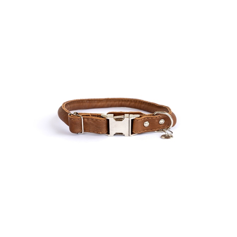 Rolled Style Light Brown Leather Quick-Release Dog Collar