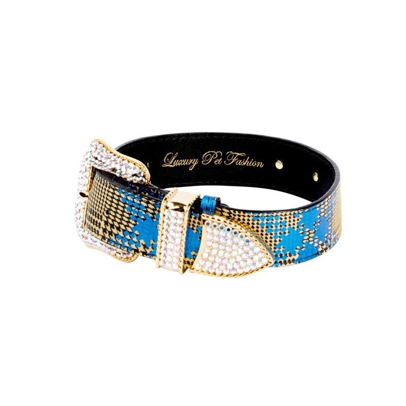 Blue & Yellow Elegant Plaid Italian Leather Collar With Swarovski Crystal Hardware