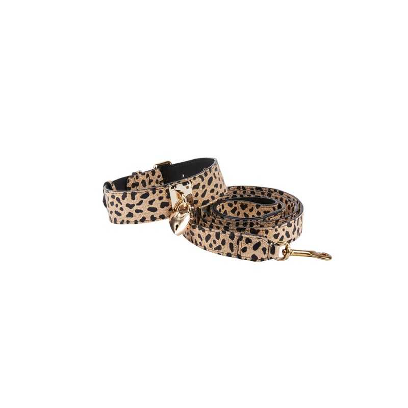 Champagne Gold Leopard Print Italian Leather Reversible Heart Locket/Classic Collar & Leash Set
