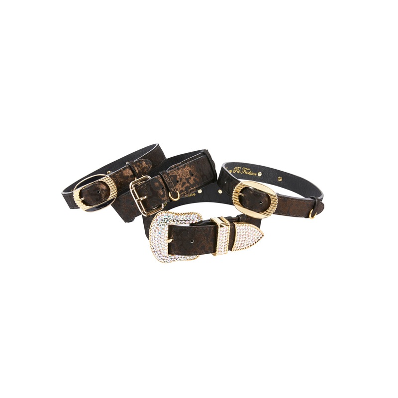 Dark Brown/Bronze Abstract Leopard Print Italian Leather Set Of 4 Collars With Italian Hardware