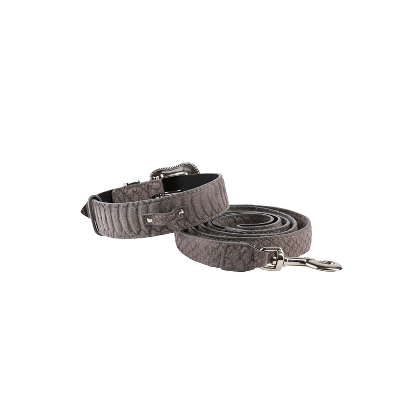 Dark Grey Snake Print Hair On Hide Italian Leather Collar & Leash Set With Swarovski Crystal Hardware