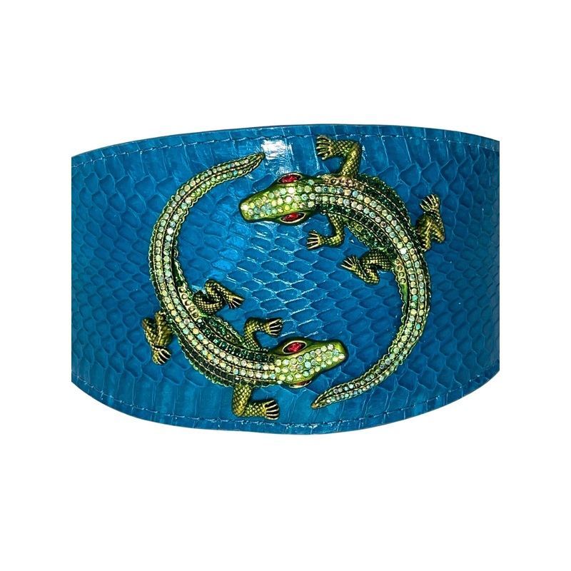 Dark Turquoise 3 Wide Style Snake Collar With Green Rhinestone Alligators