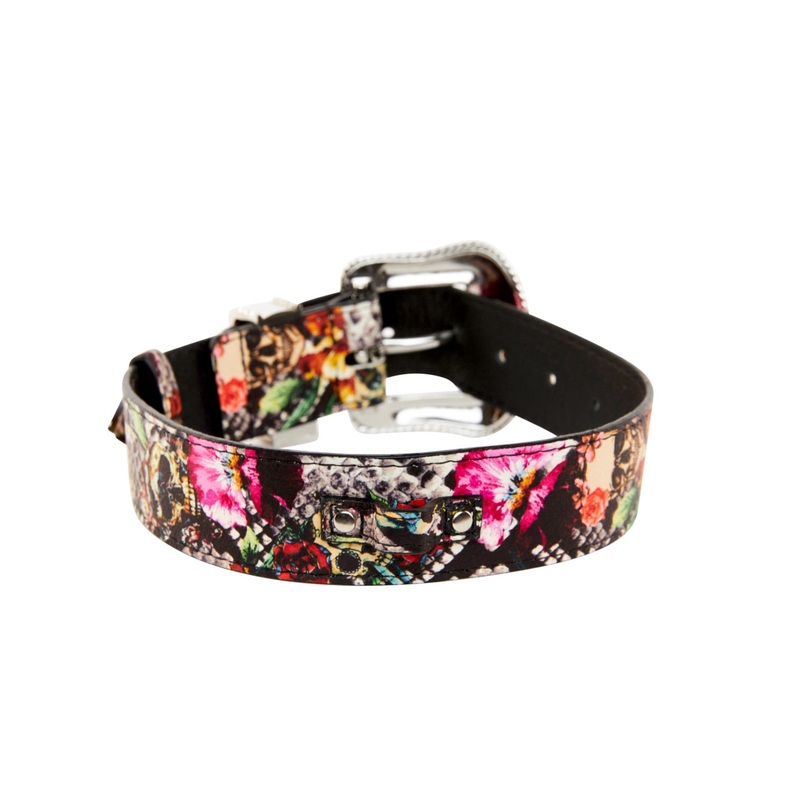 Floral, Scull, Snake Print Italian Leather Collar With Swarovski Crystal Hardware