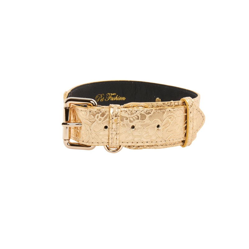 Gold Floral Print Italian Leather With Gold Classic Collar Hardware