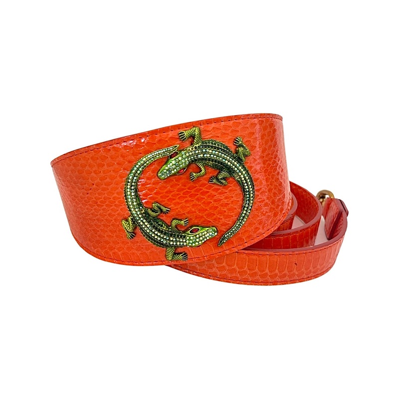 Orange Snake 3 Wide Style Collar & Leash Set With Green Rhinestone Alligators!