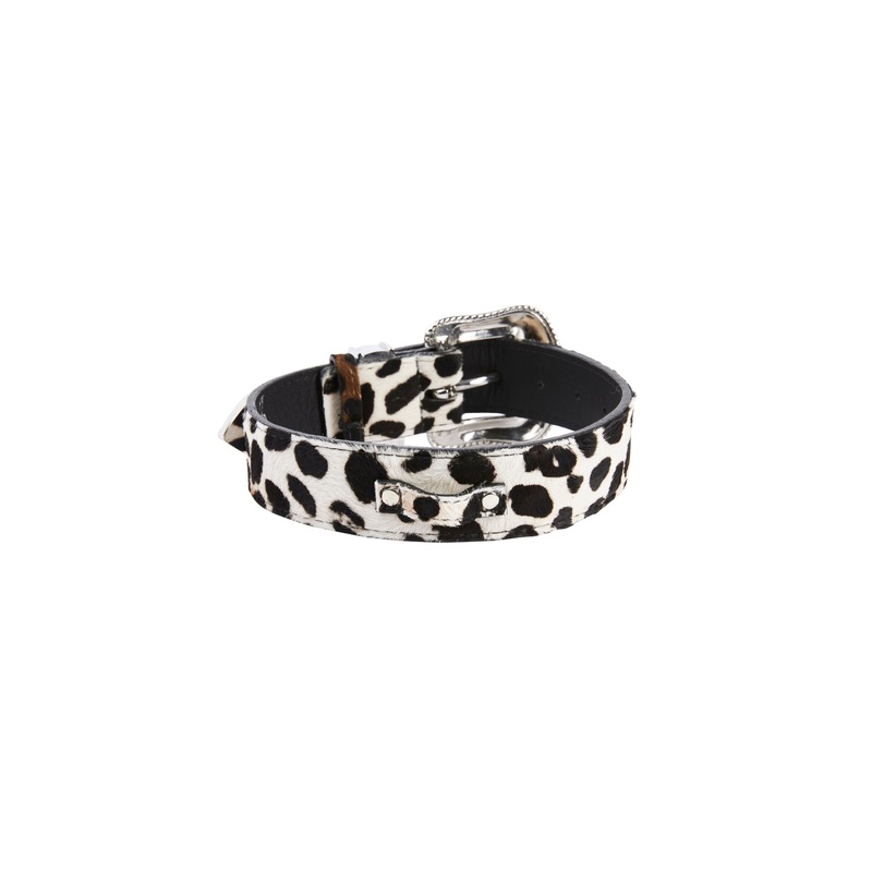Snow Leopard Print Hair On Hide Italian Leather  Collar With Swarovski Crystal Hardware