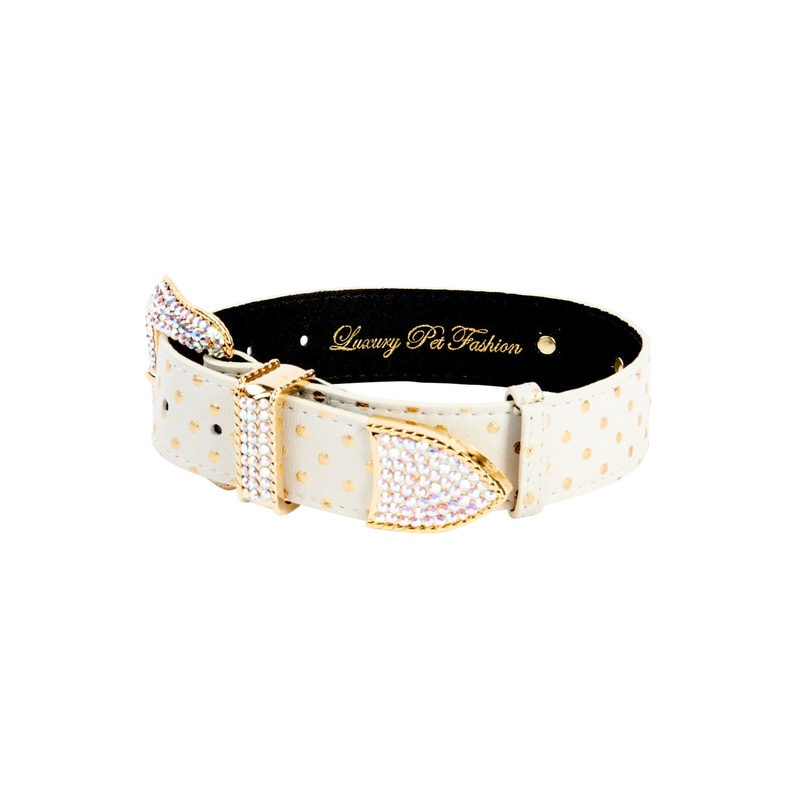 White & Gold Polka Dot Italian Leather Collar With Swarovski Crystal Hardware