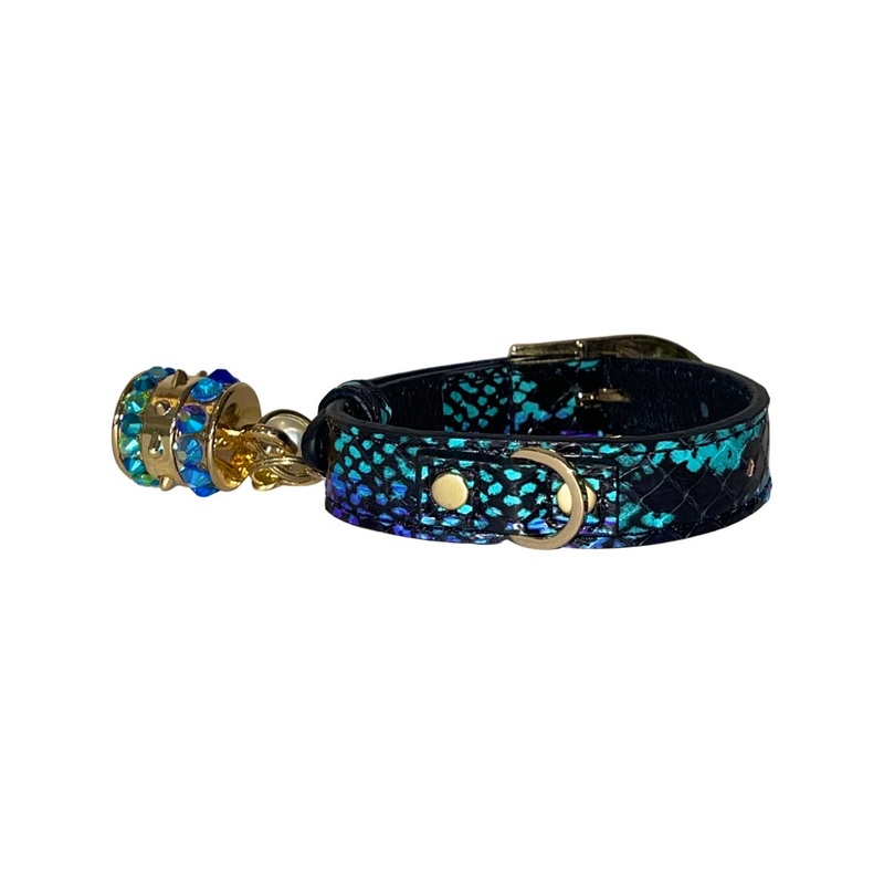 XS 7-14 Multi-Tone Turquoise, Blqck & Purple Custom Snake Collar/Custom Gold Italian Hardware. Swarovski Crystal Charm & Pearl