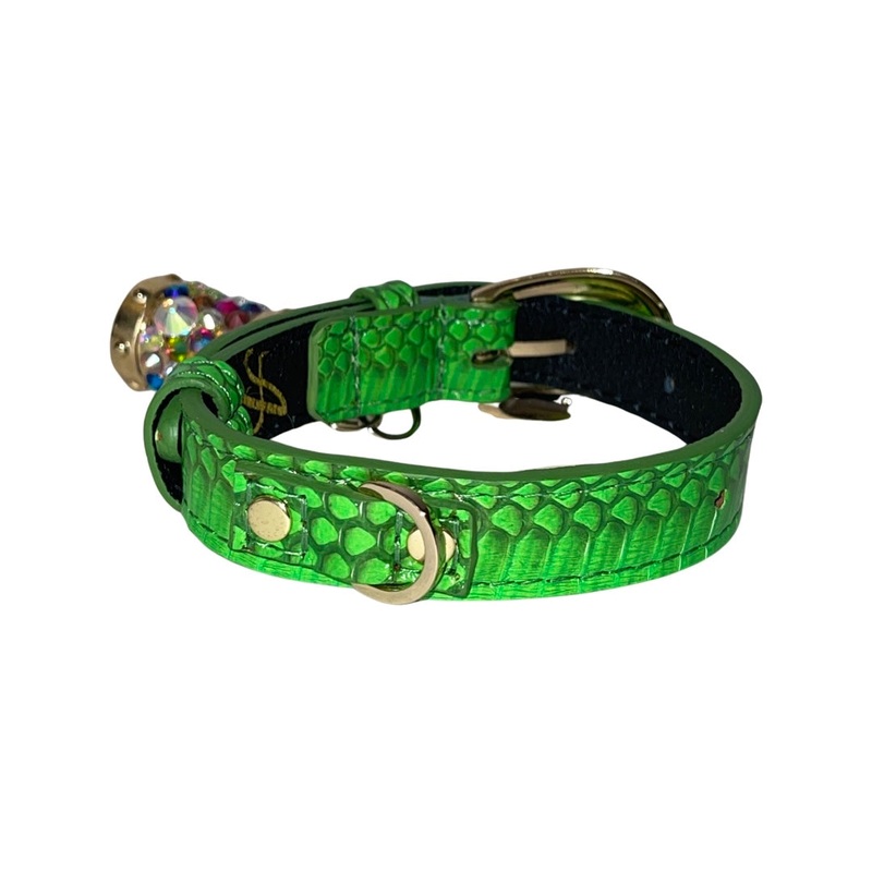XS/S 7-14 Neon Green Custom Snake Collar/Custom Gold Oval Italian Hardware & Swarovski Crystal Charm