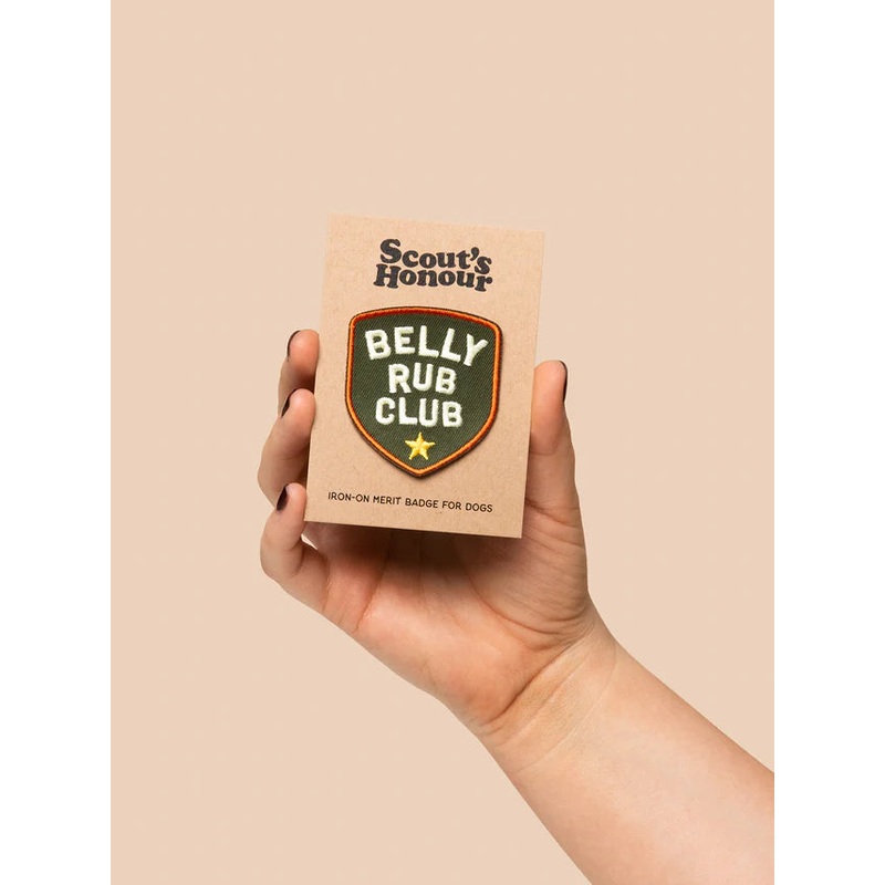 Scout's Honour Belly Rub Club iron-on patch for dogs