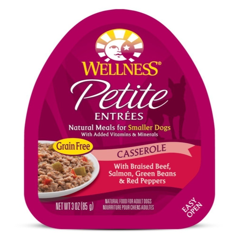 Wellness Petite Entrees Casserole with Braised Beef, Salmon, Green Beans & Red Peppers Grain-Free Wet Dog Food, 85g