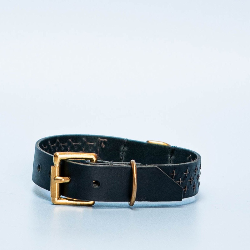 Sashiko Dog Collar: Black Italian Leather