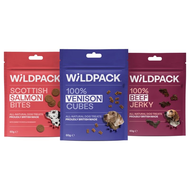WILD PACK Natural Dog Treats Bundle - Beef Jerky, Venison Cubes, Scottish Salmon Bites