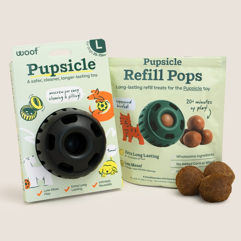 Woof Black Pupsicle Toy + Pops Refill Combo