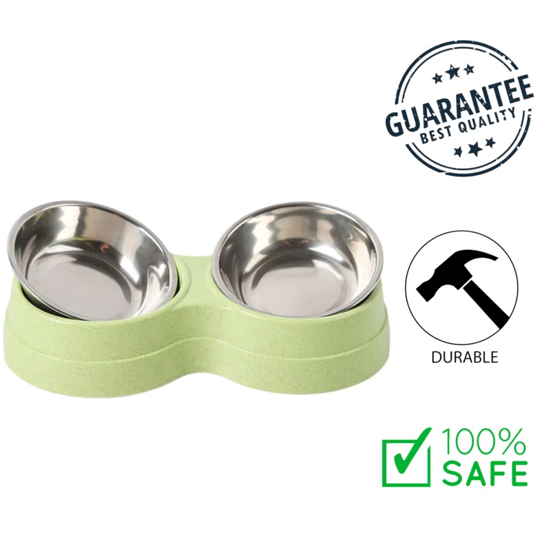 Ashario Pets - Deluxe Non-Slip Double Bowl Pet Feeder Stainless Steel - Green