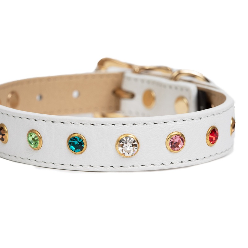 Canine Styles White Leather Multi-colored Rhinestone Collar