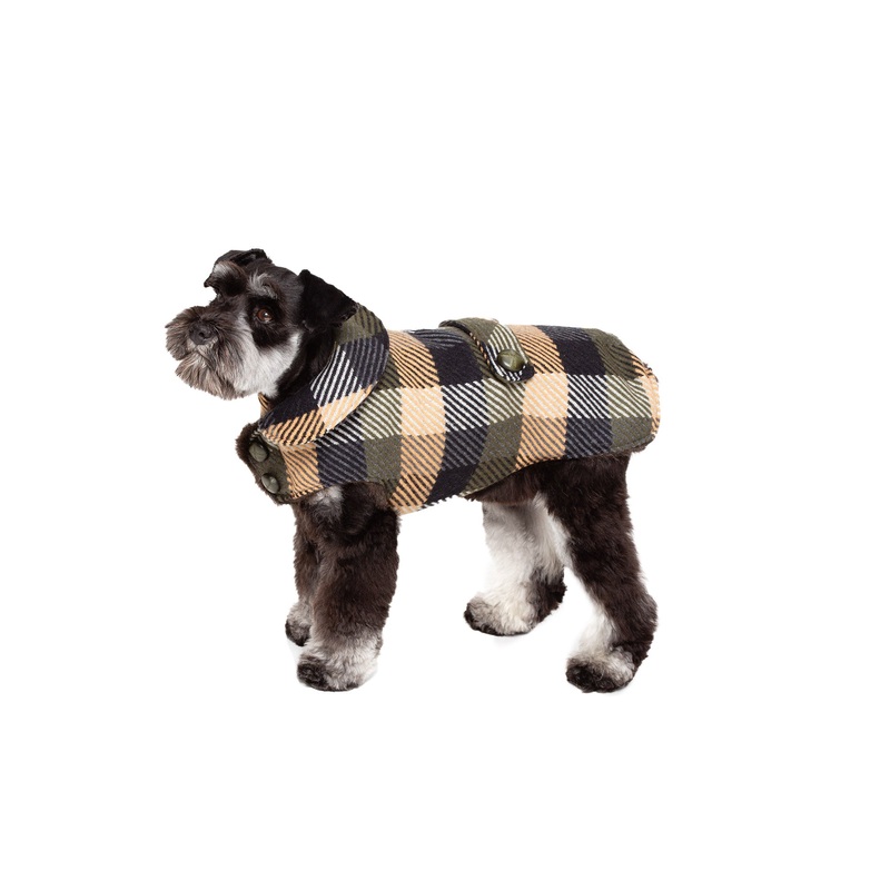 Couture Wool Coat w/ Faux Fur Lining | Tan, Navy & Green Wool Plaid
