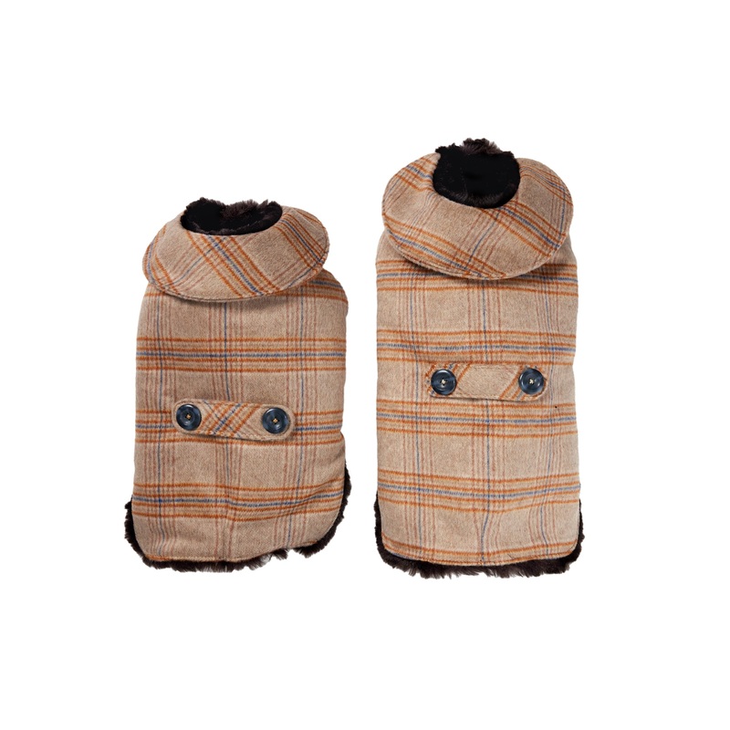 Couture Cashmere Coat w/ Faux Fur Lining - Beige and Orange Plaid
