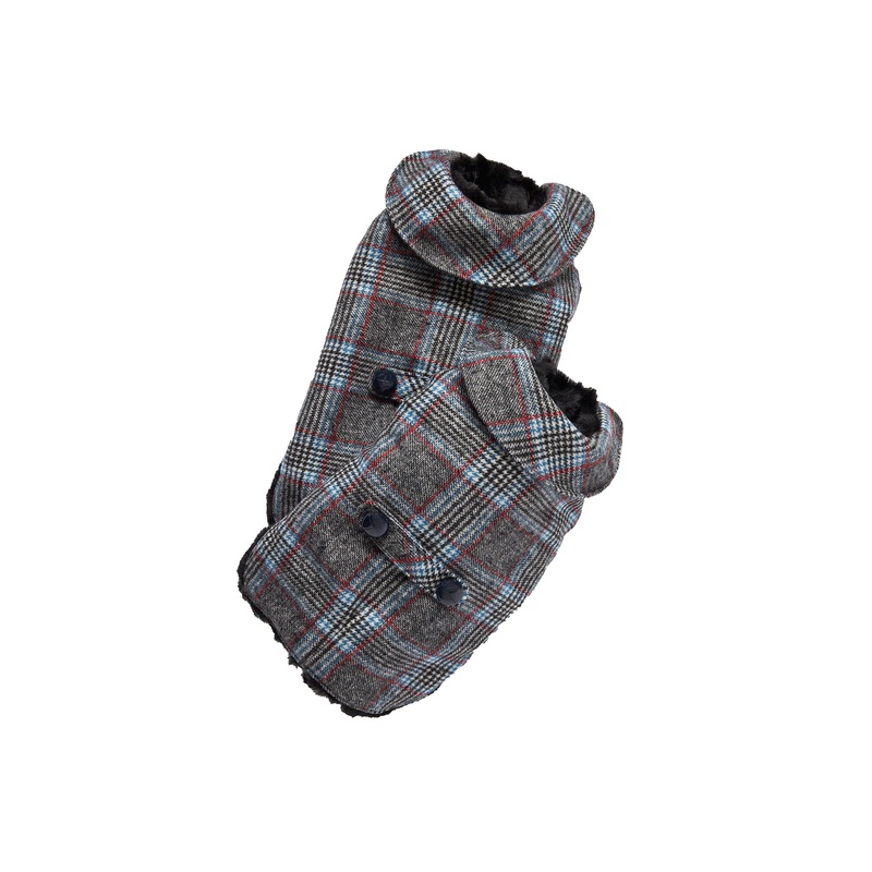 Couture Cashmere Coat w/ Faux Fur Lining - Gray & Blue Plaid