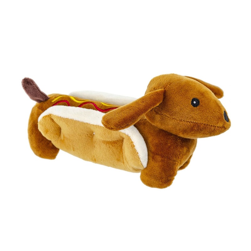 10" Plush Dog in a Bun Hotdog with Squeaker - Dog Toy