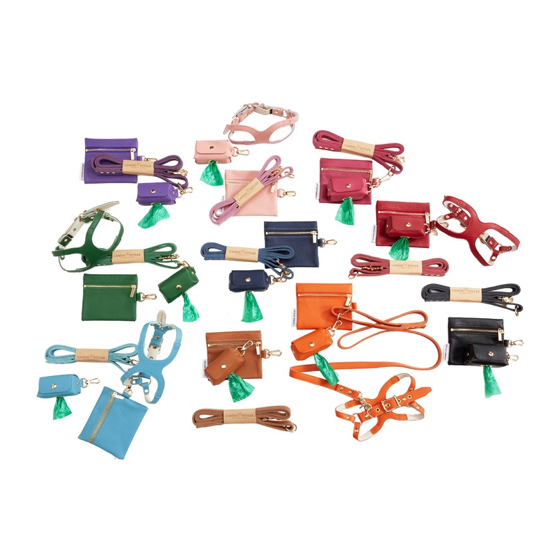 Canine Styles ALL Leather Step-in Harness - Three Piece Set - Leather Lead, Harness & Poop Bag Holder  - 10 Color Options