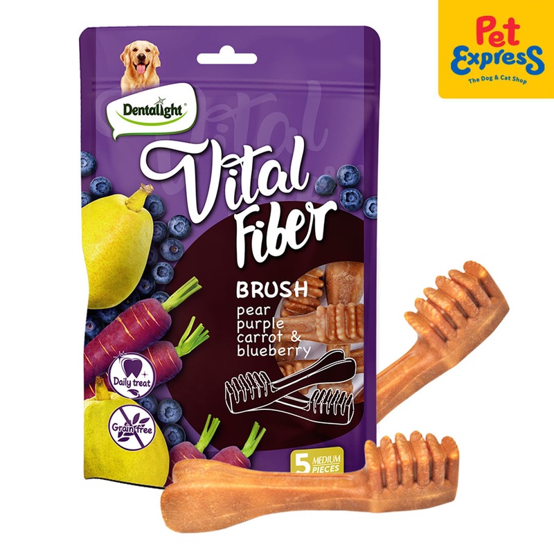 Dentalight Vital Fiber Grain Free Dental Brush Pear, Purple Carrot, Blueberry Dog Treats 5s 85g
